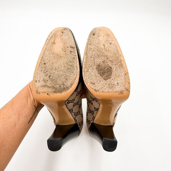 Gucci GG Monogram Brown Canvas Platform Pumps Wooden Heels Size 7.5 - Picture 11 of 12